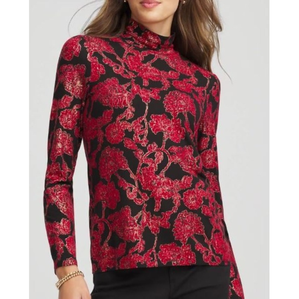 Chico's Size 4 US XXL Layering Tee Carmine Red Touch Of Cool Floral Mock Neck